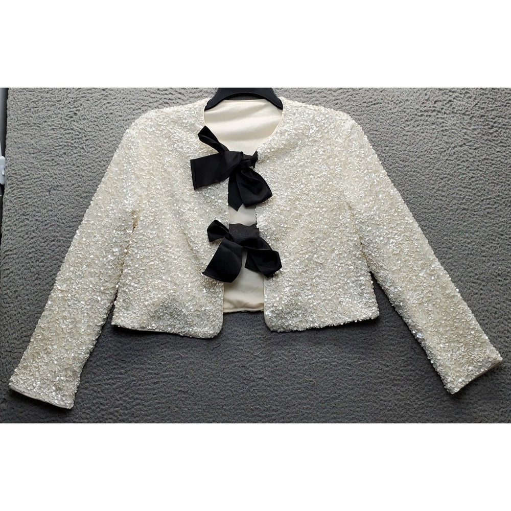 Commense Cropped Jacket Womens L Multi Sequin Bow Front Evening Wedding Guest